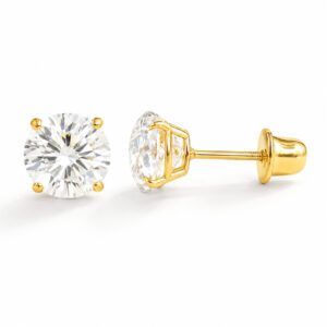 14K Solid Gold Round Moissanite Stud Earrings – 4-Prong Solitaire